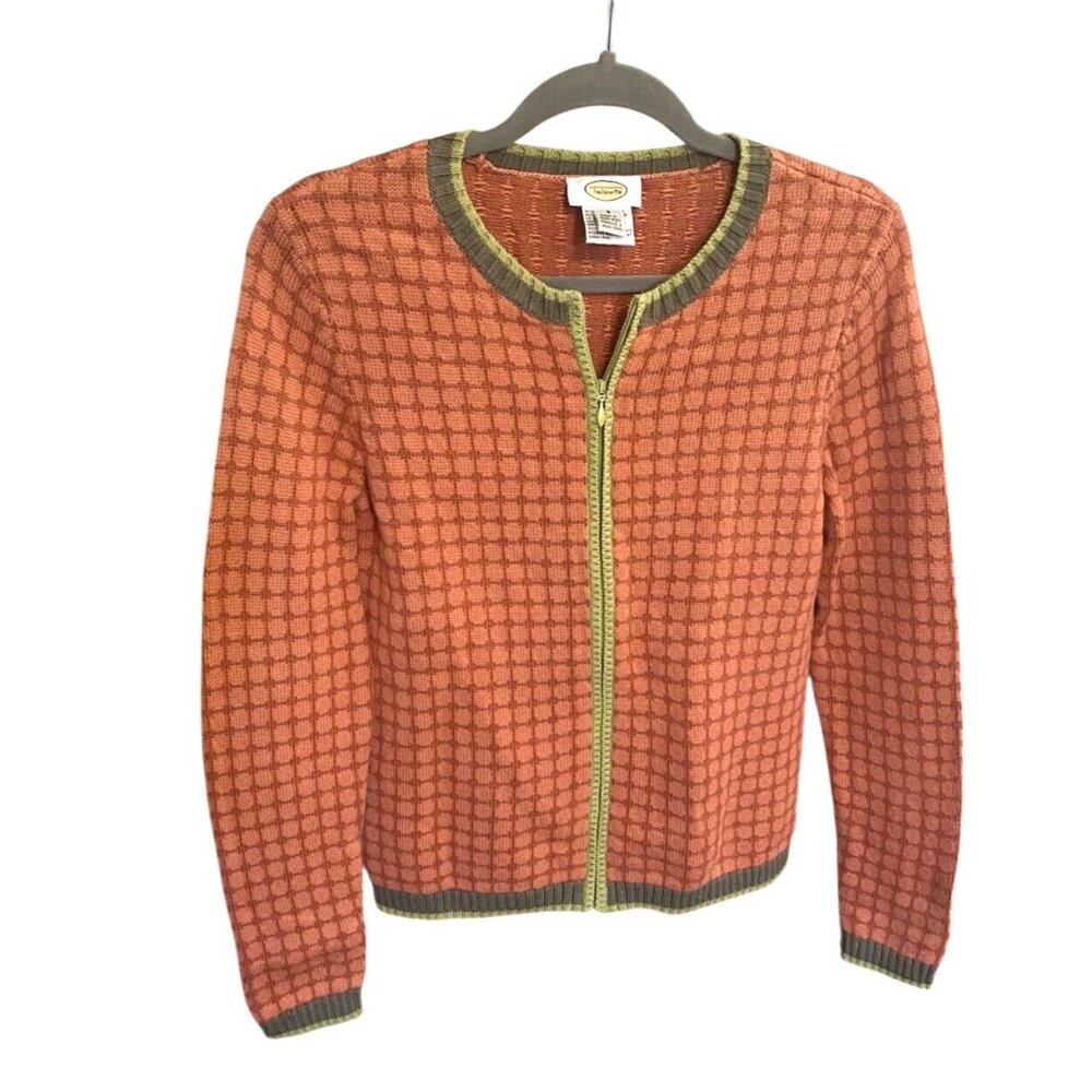 Talbots Womens Cardigan Sweater L Orange/Green Checkered Pattern Elbow patches - Picture 4 of 10
